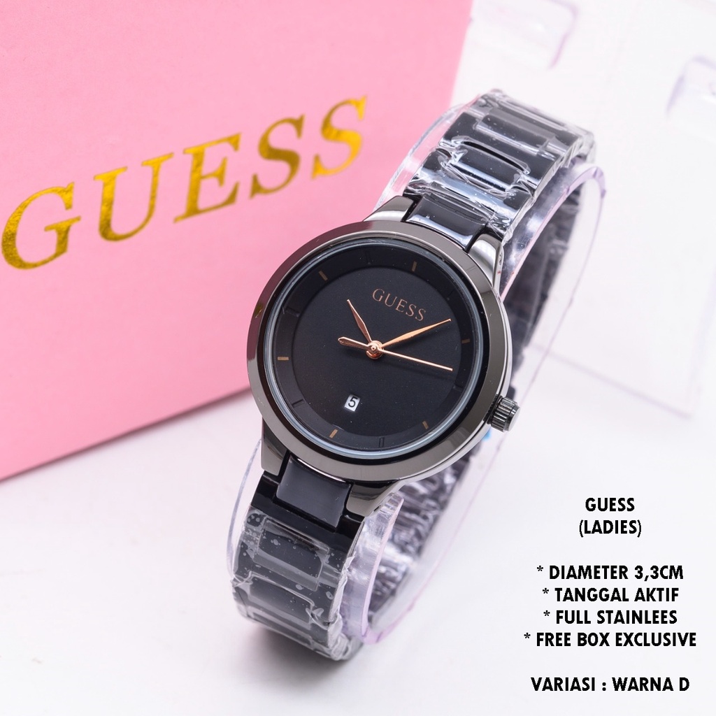 (FREE BOX) JAM TANGAN WANITA GUESS RANTAI BODY BULAT TANGGAL AKTIF