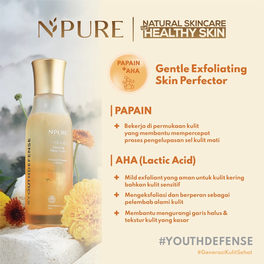 NPURE Marigold Deep-Cleanse Facial Wash - Clearing Petal Toner - Memory Bounce Moisturizer - Eyemazing Power Serum Concentrate - Elixir Triphase Serum