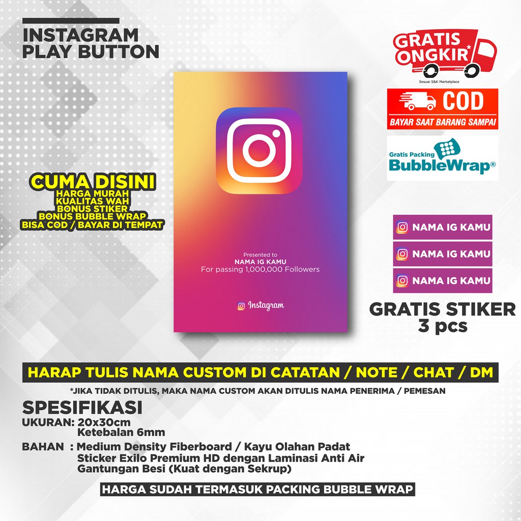 [BISA COD] INSTAGRAM PLAY BUTTON BISA UBAH NAMA KAMU - BONUS STIKER - PACKING BUBLE WRAP HITAM