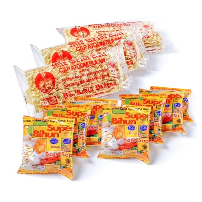 Paket F - Mie Telor Asli Cap Atoom Bulan / Atom Bulan (3 pcs) + Super Bihun Baso (8 pcs)