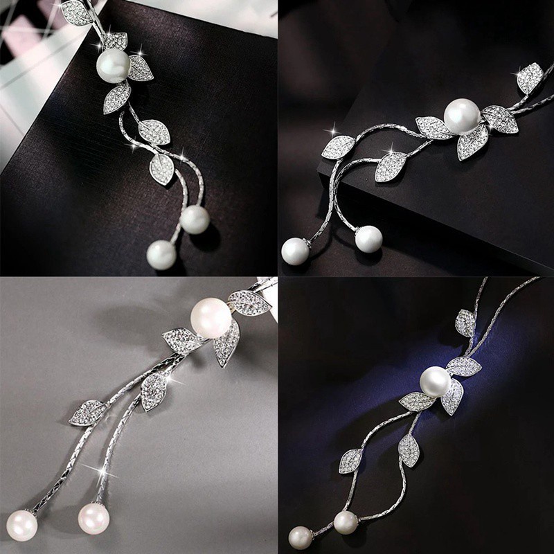 Crystal Pearls Pendant Necklace Rhinestone Leaf LongNecklace Sweater Chains