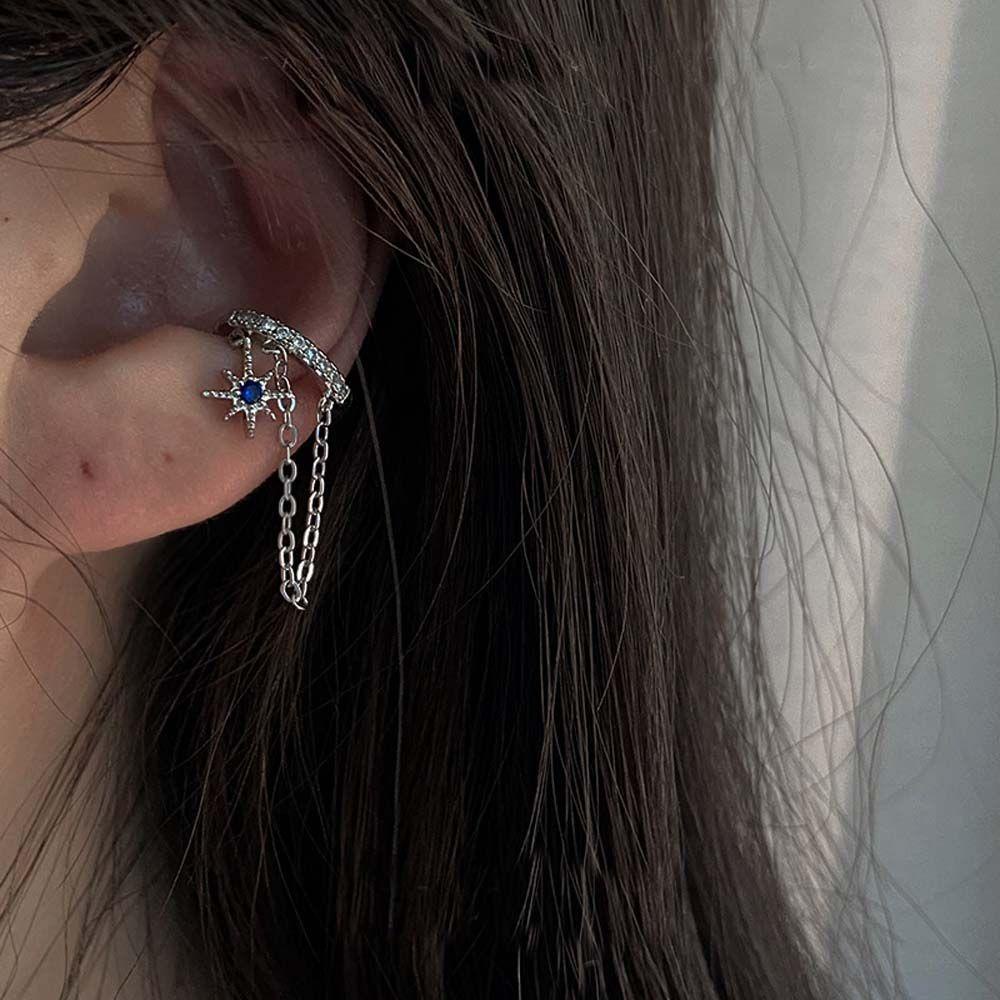 Mxbeauty Telinga Tulang Klip Kepribadian Temperamen Zirkon Biru Desain Fashion Geometris Rantai Ganda Wanita Klip Anting