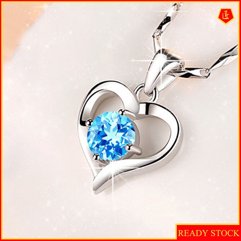 [Ready Stock]Fashion Fresh Simple Blue Diamond Necklace Love Pendant