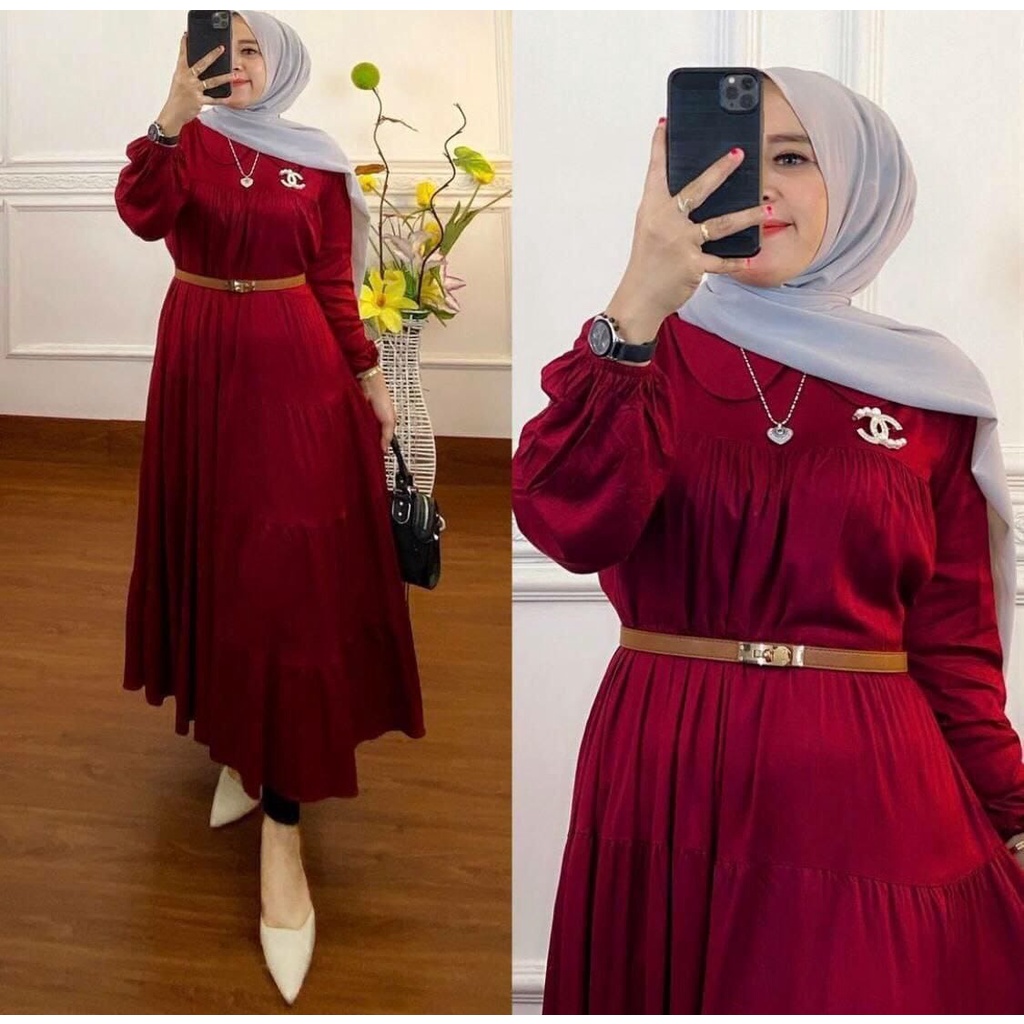 [ free bross &amp; free belt ] MARSYA DRESS BAHAN RAYON PREMIUM LEMBUT || A1 -Gamis wanita terbaru 2021 murah -Gamis wanita terbaru