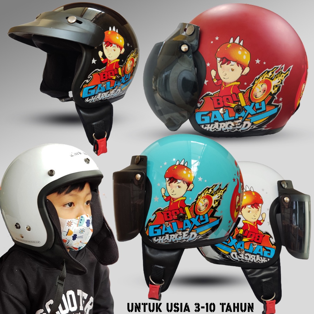 Helm Bogo Anak Junior Polos Motif Kaca Datar Injak Hitam SNI Untuk Anak Usia 3-10 Tahun Free Packing DUs