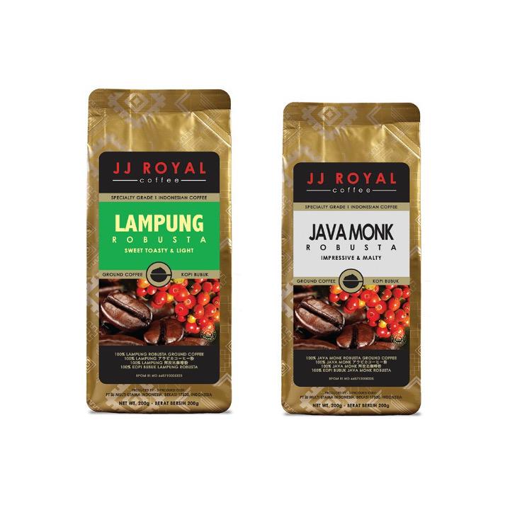 

JJ Royal Coffee Java Monk Robusta Ground Bag 200gr +JJ Royal Coffee Lampung Robusta Ground Bag 200gr