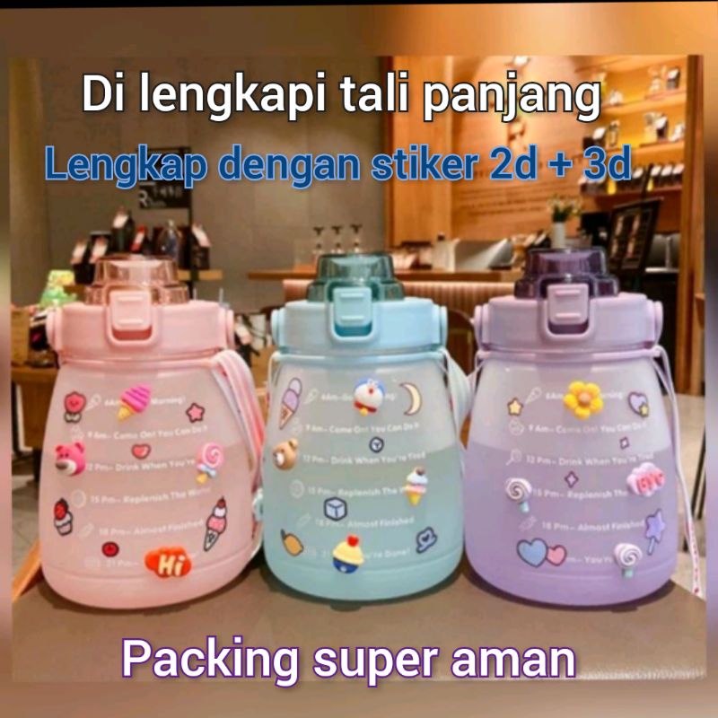 botol gemoy viral/botol minum anak tali panjang/botol gendut  stiker 2d, 3d 1.3liter