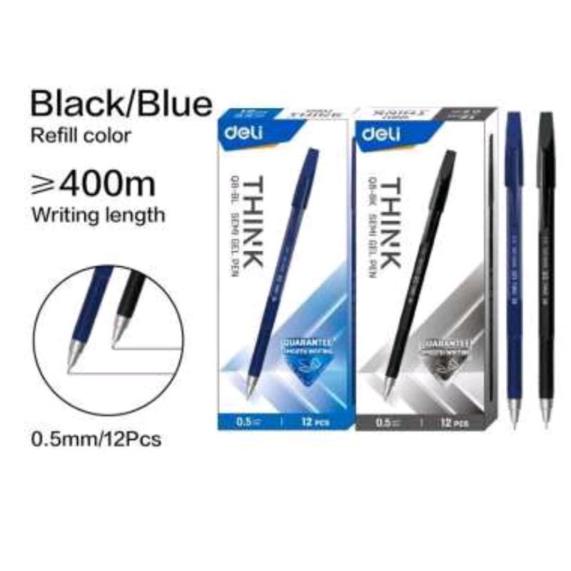 

pulpen semi gel merek DELI TINTA biru dan hitam harga satu kotak isi 12 biji 0.5 mm