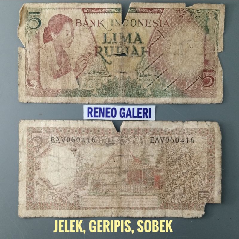 Asli Rusak 5 Rupiah Tahun 1958 Seri Pekerja Tangan Rp Uang kertas kuno duit lama Indonesia Original Wanita membatik