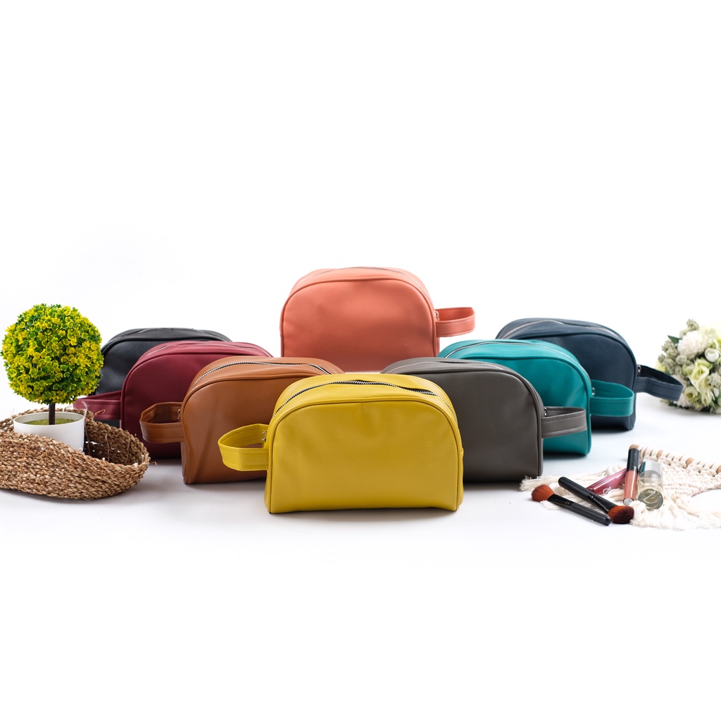Tempat Kosmetik Wanita Kulit Sintetis Polos Pouch Make Up Murah Travel Bag Organizer Cewek Terbaru
