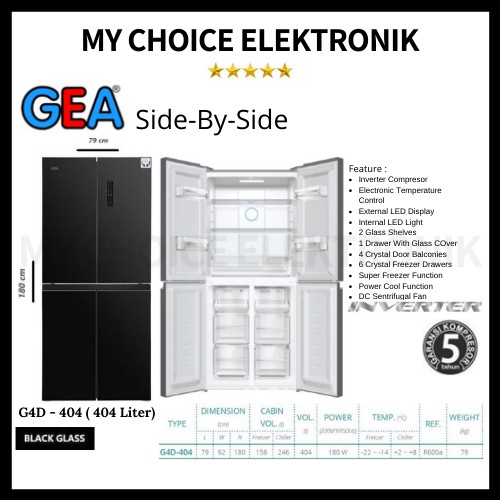 GEA G4D-404 Kulkas Side by Side INVERTER G4D-404 Black