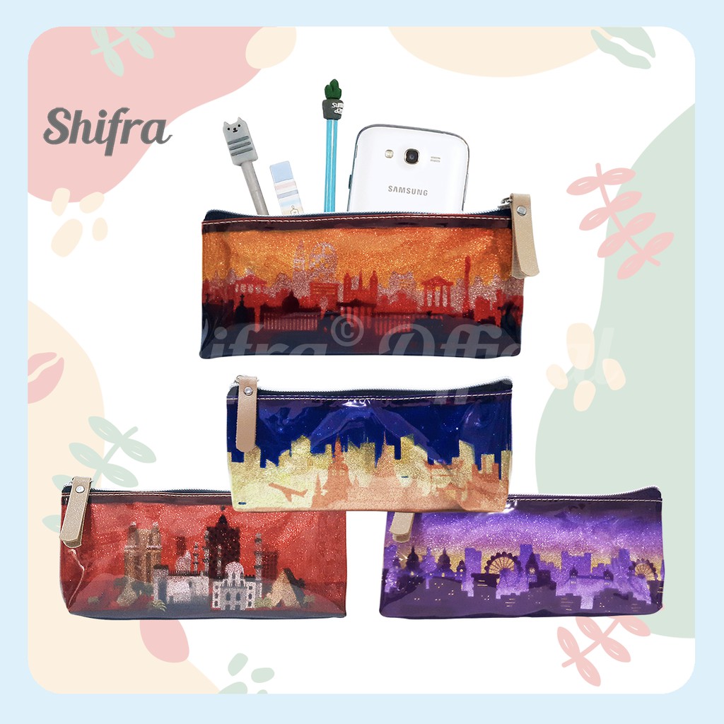 Shifra Tempat Pensil Mika Glitter Gambar City Red Blue Orange Purple