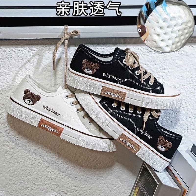 (Size 39-40) Sepatu Sneakers Kanvas Wanita Import Korea Why Bear Black White/ Sepatu Kets Korean Free Box