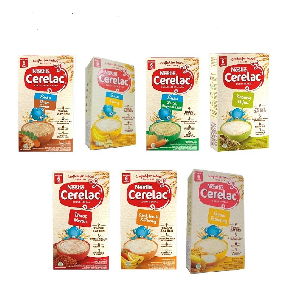 

NESTLE CERELAC BUBUR SEREAL APEL AYAM BAWANG BANANA BERAS MERAH KACANG HIJAU 120gr