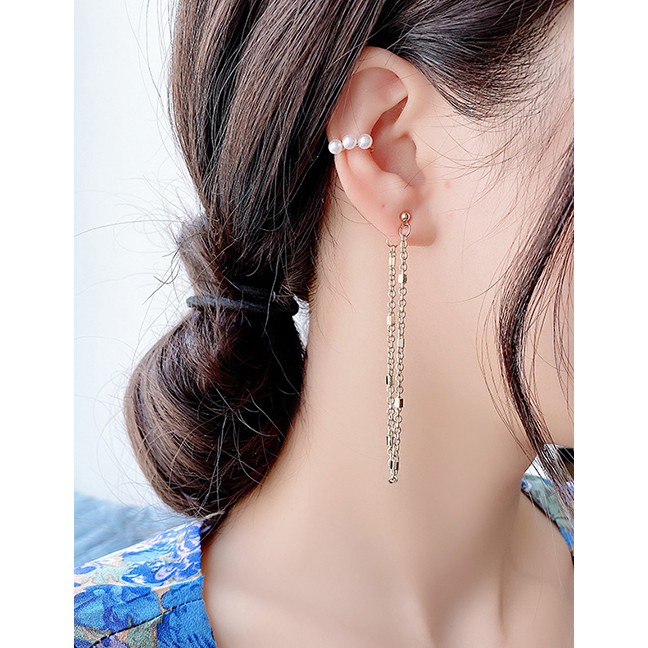 LRC Anting Tusuk Fashion Tassel Chain Alloy Pearl Earrings Ear Clip Set  K75970