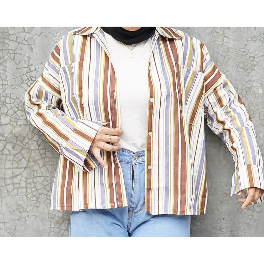 BEFAST - ZFS OOTD Kemeja AKURA /  HANAKO CUTE SHIRT / Kemeja Stripe Wanita Terbaru / Pakaian Kerja / Kem Bisa Di Jadikan Outer / Hem Motif Garis-Garis / Fashion Casual Wanita Trendy / Kemeja Lengan Panjang Termurah / Terlaris