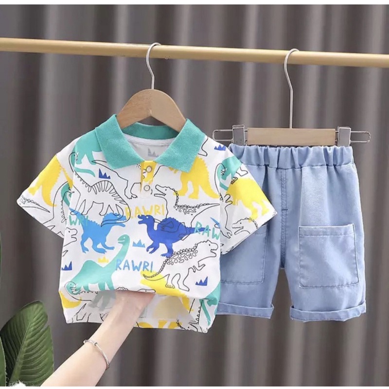 baju setelan anak terbaru motif dino celana denim pendek 1-5 tahun