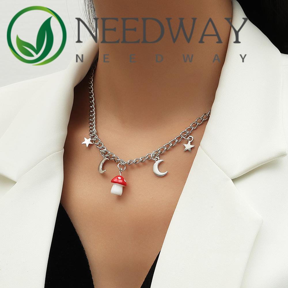 Needway  Fashion Jewelry Mushroom Necklace Girls Bead Clavicle Choker Women New Double Heart Star Moon Personaility Geomertic Pearl