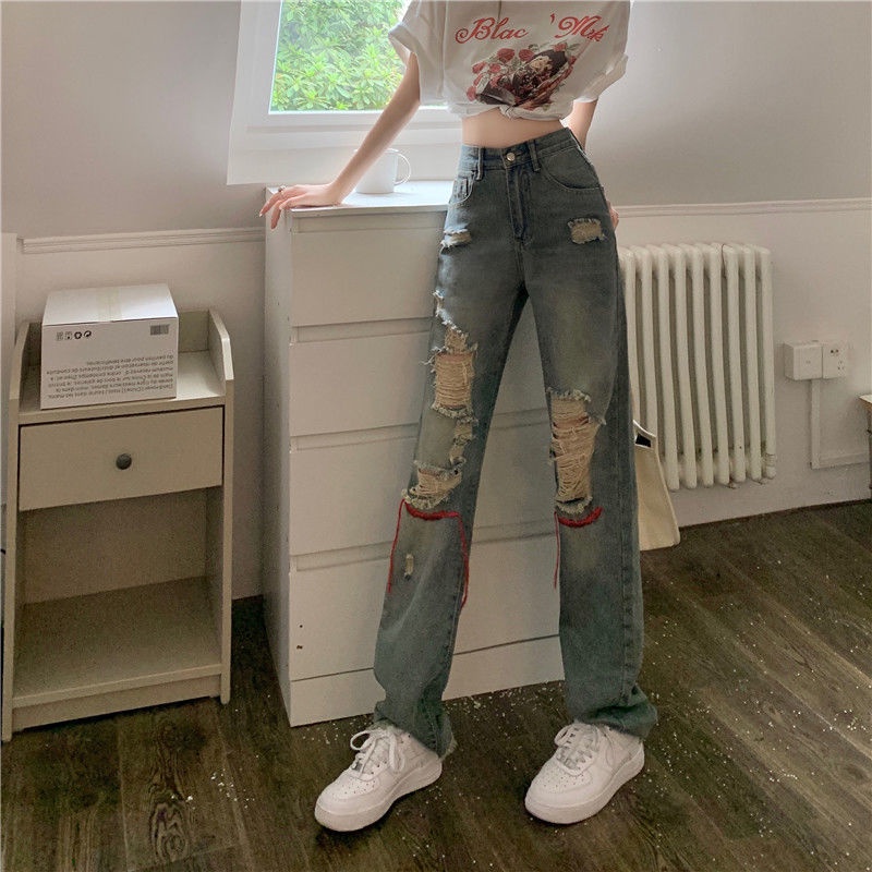 Red wanita new old wash hole hip-hop jeans women s brand high street women s spring and summer loose straight retro pants