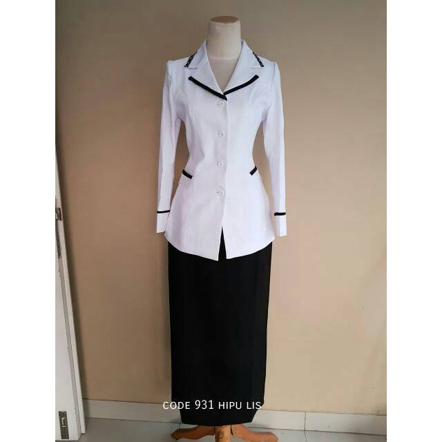 HABIS ATASAN/SET BAJU KANTOR WANITA SERAGAM PUTIH LIST HITAM CODE 931, GURU/SALES/MARKETING