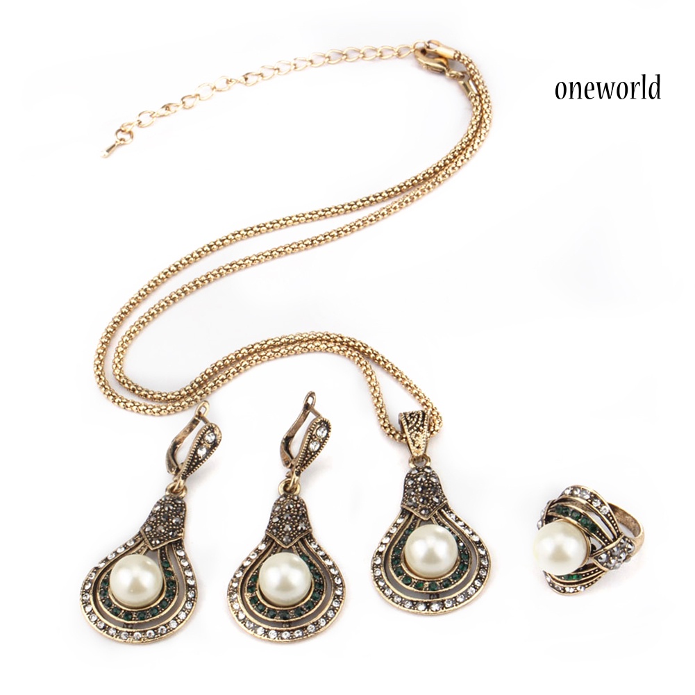 OW@ Turkish Style Bridal Faux Pearl Necklace Ring Earrings Jewelry Set Party Gift