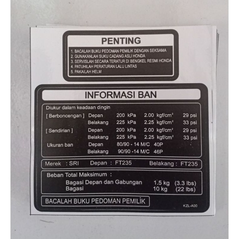 STIKER INFORMASI BAN HONDA PENTING VARIO BEAT SCOOPY