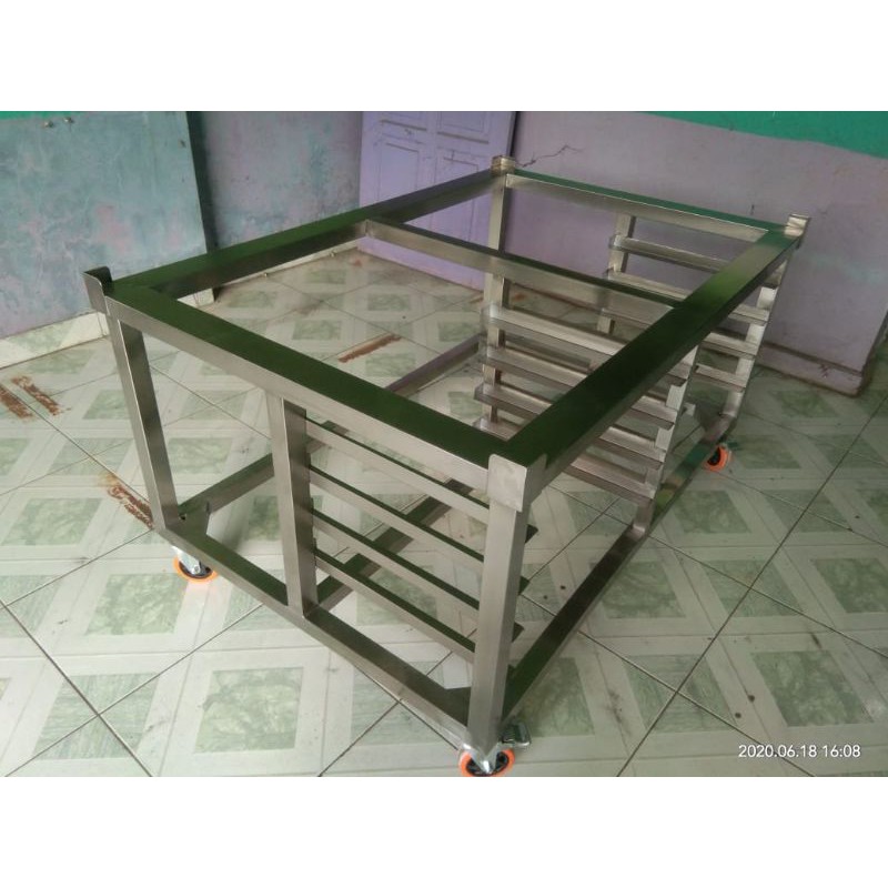 Meja Kaki Oven Deck 1 tray full stainless w/roda Polyurethane 4"