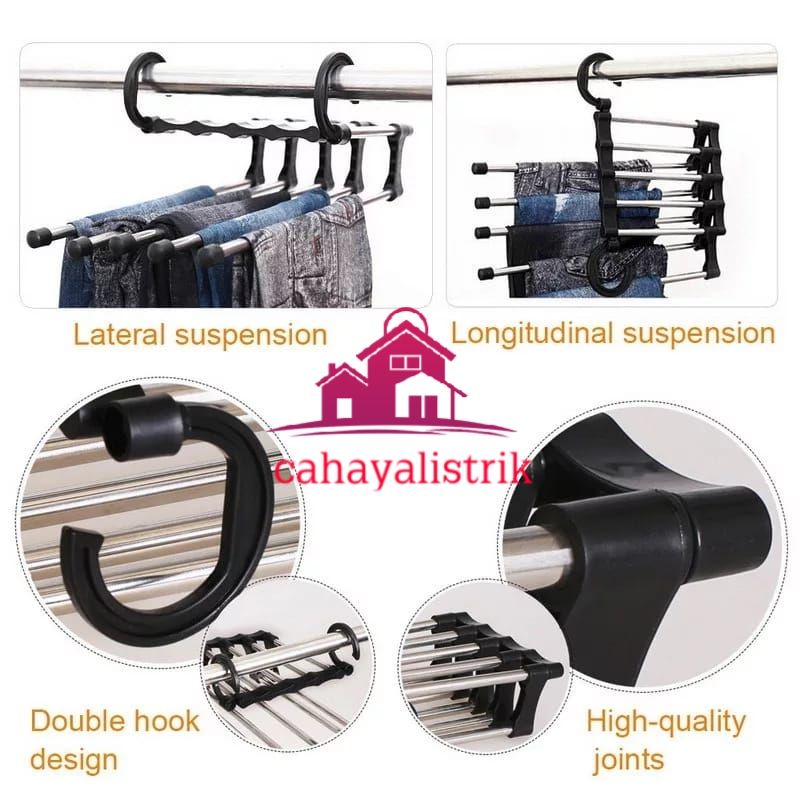 Hanger Stainless 5 in 1 Trousers Gantungan Baju Celana Jilbab Syal Pakaian 5in1 Stenlis