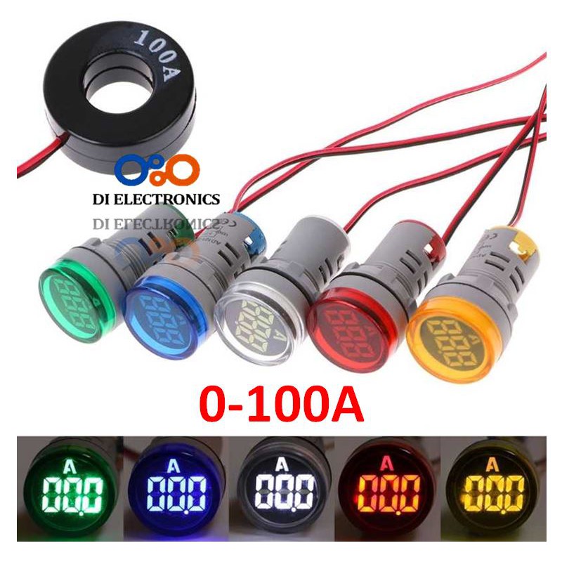 22mm Pilot Lamp Round Ampere Meter Digital LED Display Current Lampu Indicator Arus Panel CT 100A