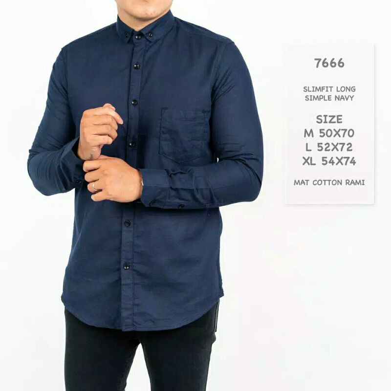 Kemeja Biru Navy Panjang Slimfit Hem Polos Dongker Baju Pria Kantoran Kondangan Gaya Cowok Manly New