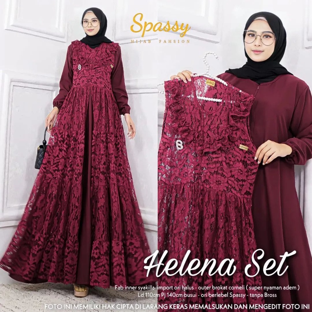 HELENA SET Baju Gamis Wanita Lengan Panjang Terbaru  Maxy Set Brokat Rami Ori Mix ceruty babydoll  C