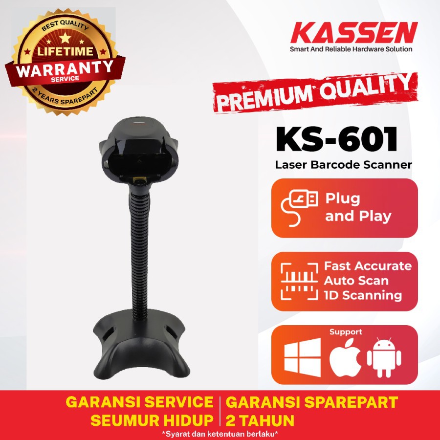 BARCODE SCANNER KASSEN KS-601 BARCODE SCANNER 1D AUTOSCAN &amp; CONTINOUS USB+STAND MURAH