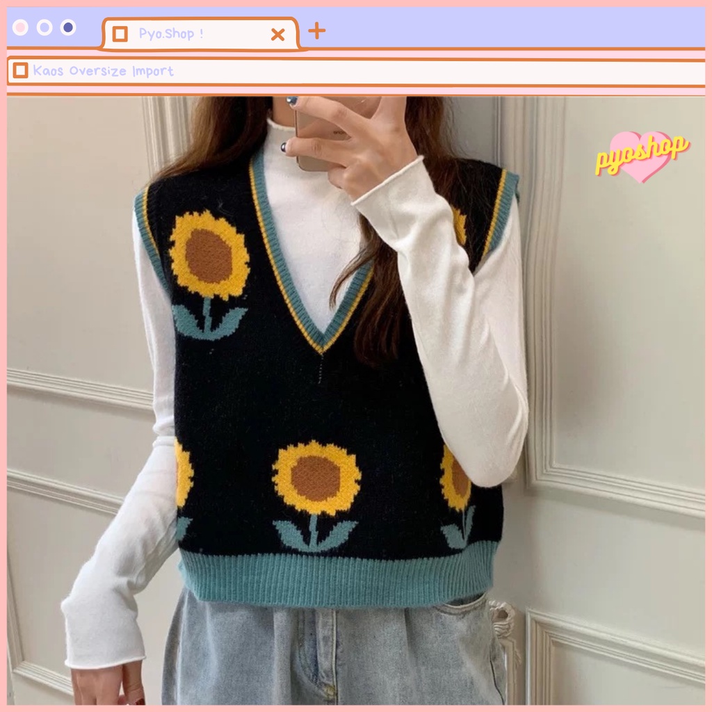 SUNNY KNIT VEST Rajut Bunga Matahari Lembut Wanita Outer