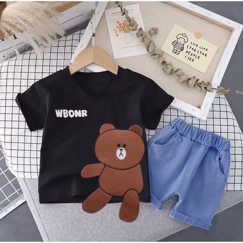 setelan baju kaos celana pendek jeans bayi anak unisex motif bear teddy wbonr denim usia 6 bulan-5 tahun best quality terbaru terlaris/ setelan baju kaos celana pendek jeans bayi anak laki-laki/ setelan baju kaos celana pendek jeans bayi anak perempuan