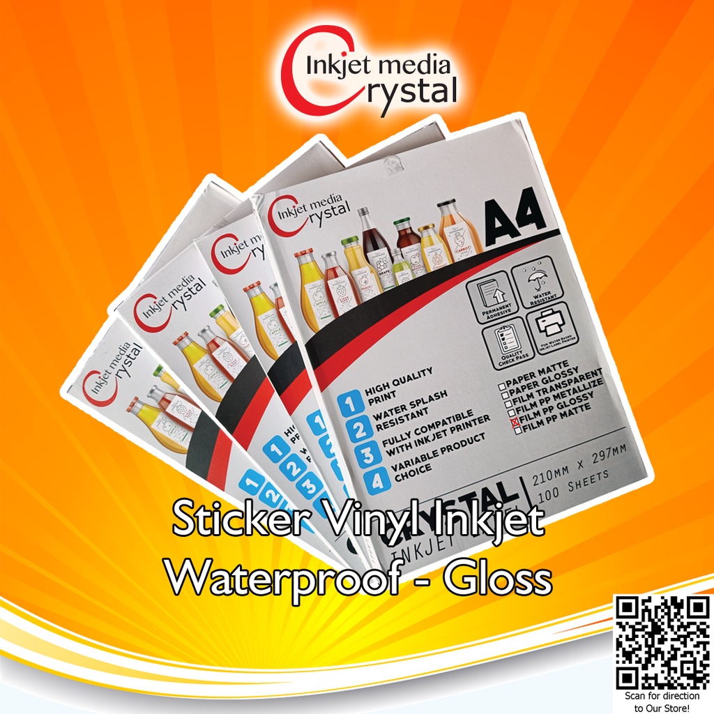 

Crystal - Sticker Vinyl Inkjet A4 Waterproof Synthetic White Gloss Premium Stiker Anti Air Tidak Mudah Sobek Pack - 100 Lembar