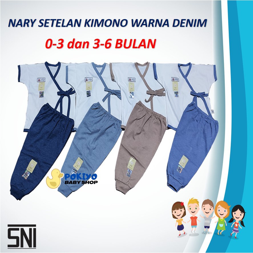 Nary Setelan Kimono Bayi Baju Pendek dan Celana Panjang List Denim Newborn dan 3-6 Bulan