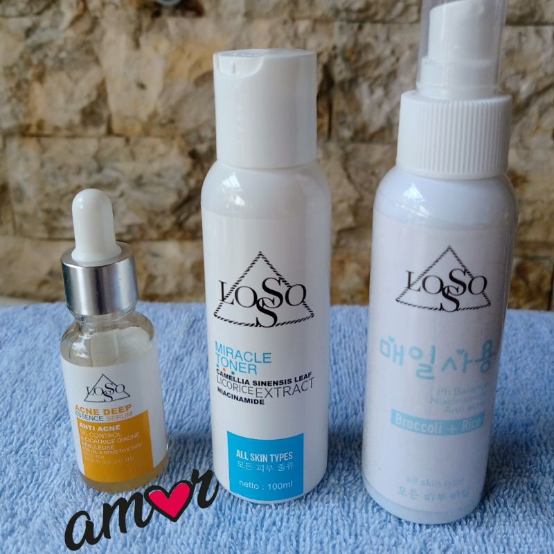 LOSSO SKIN PAKET JERAWAT ANTI ACNE ( SERUM ACNE, BABY MIRACLE WATER, FACE WASH BRIGHTENING)