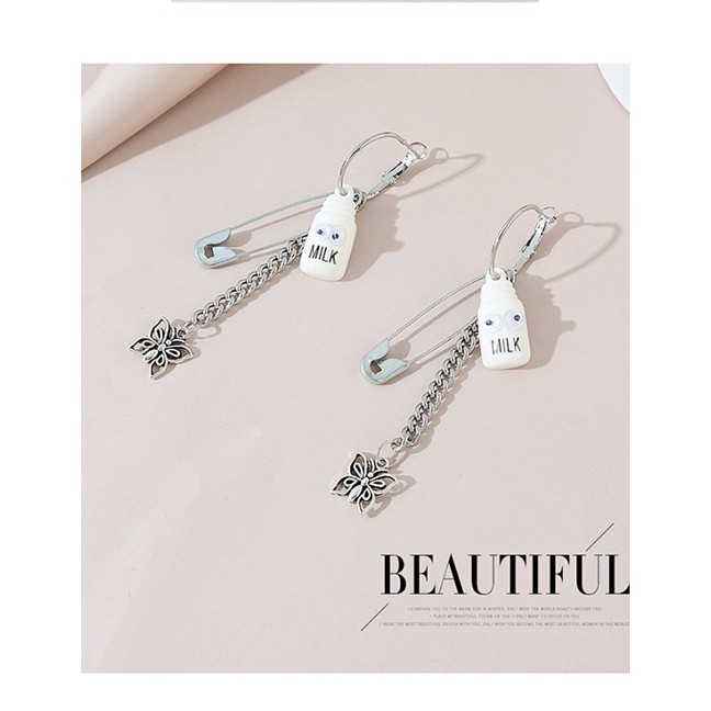 LRC Anting Tusuk Fashion Silver Small Doll Resin Pin Butterfly Tassel Earrings Y64703