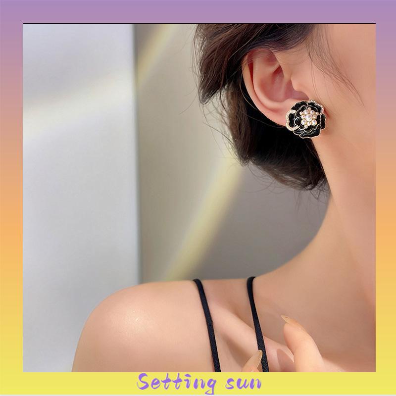 925 anting-anting mutiara Camellia Retro anting-anting bunga berlian TN