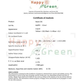 Happy Green Neem Oil  - Minyak Mimba 100% Murni Bersertifikat