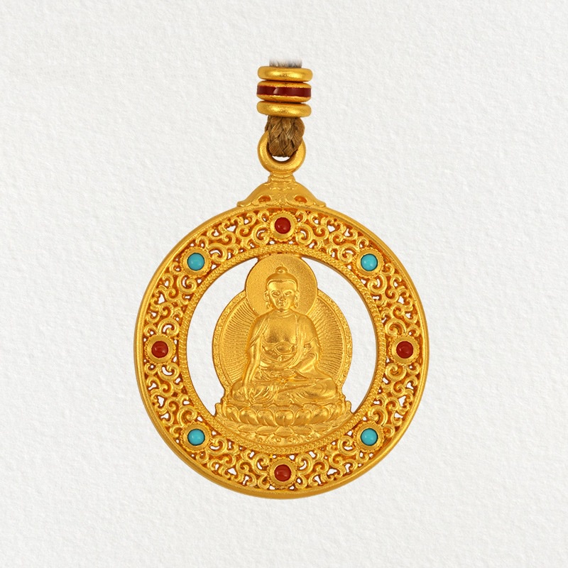 [Ready Stock]Fashion Gold Plated Inlaid Hollow Necklace Avalokitesvara Pendant