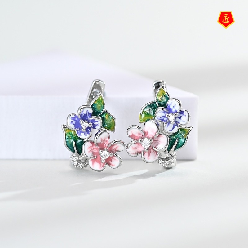 [Ready Stock]Flower Enamel Earrings Ring Set Elegant Necklace