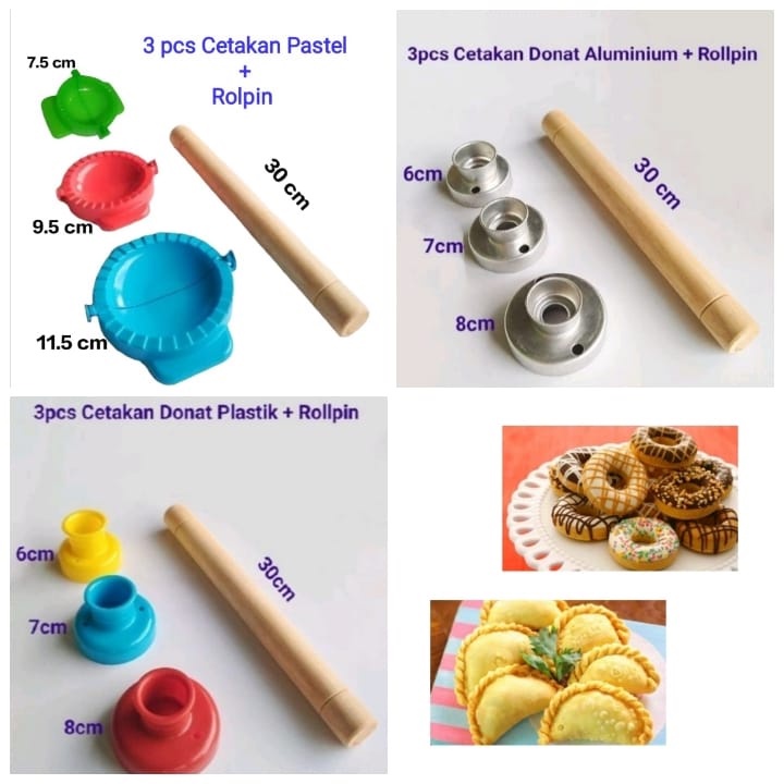 Cetakan Donat 3pcs Beda Ukuran + 1pcs Rolling Pin Kayu ( 1 Set )