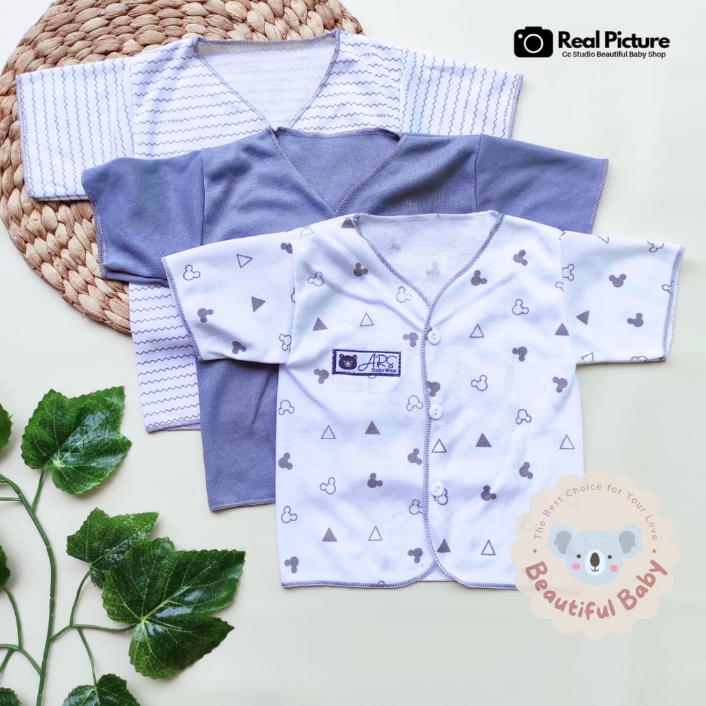 Baby.ou - 3 Stel Setelan Baju Bayi Baru Lahir Tangan Pendek Celana Pendek Usia 0 sd 3 Bulan Motif ABU SERIES - Setelan Baju Bayi Pendek Newborn Abu  - Celana Pendek Bayi