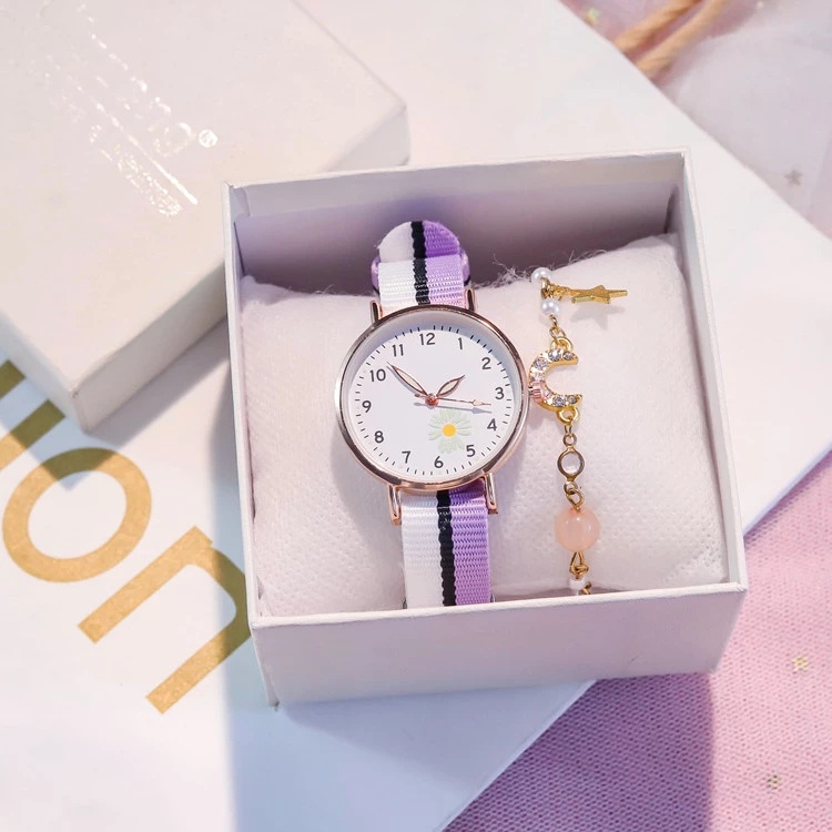 Jam Tangan Analog Wanita Gaya Korea Strap Canvas Warna-Warni Dial Bulat Motif Bunga Daisy-50-6 #4 Putih Ungu