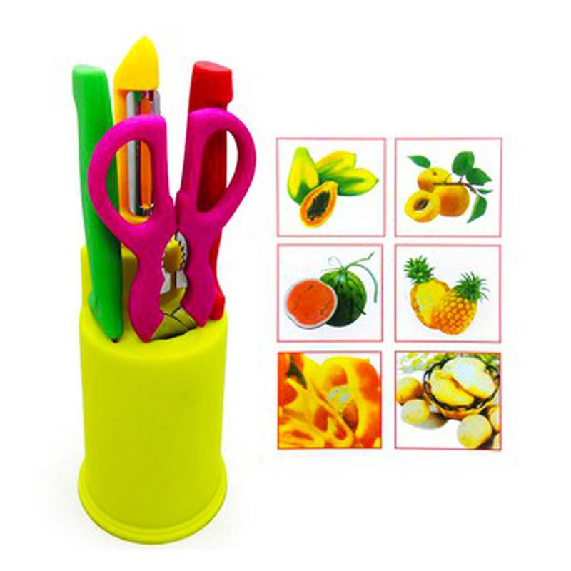 Pisau Set / Fruit Knife Set 5 pcs + Rak Plastik Bulat - Random Color