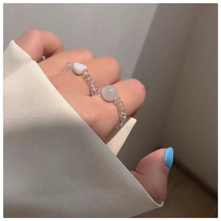 YEEZII 2pcs / Set Cincin Manik-Manik Opal Bentuk Hati Untuk Wanita