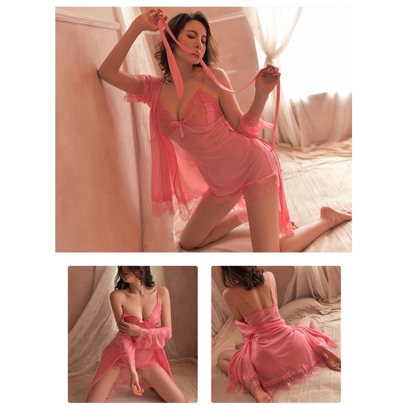 Lingerie Kimono Sexy One Set Wanita/ Baju Set Lingerie Kimono Warna Putih Transparan Baju Tidur Seksi Wanita 22-2