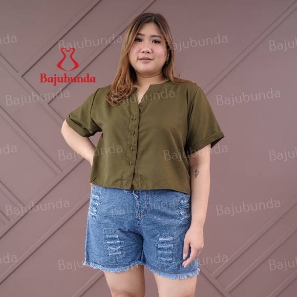 KEMEJA WANITA JUMBO BIG SIZE POLOS LENGAN PENDEK BAJUBUNDA VIA-ARMY