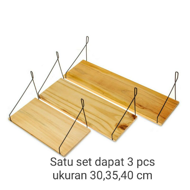 Rak dinding tempel kayu gantungan besi satu set 3 pcs